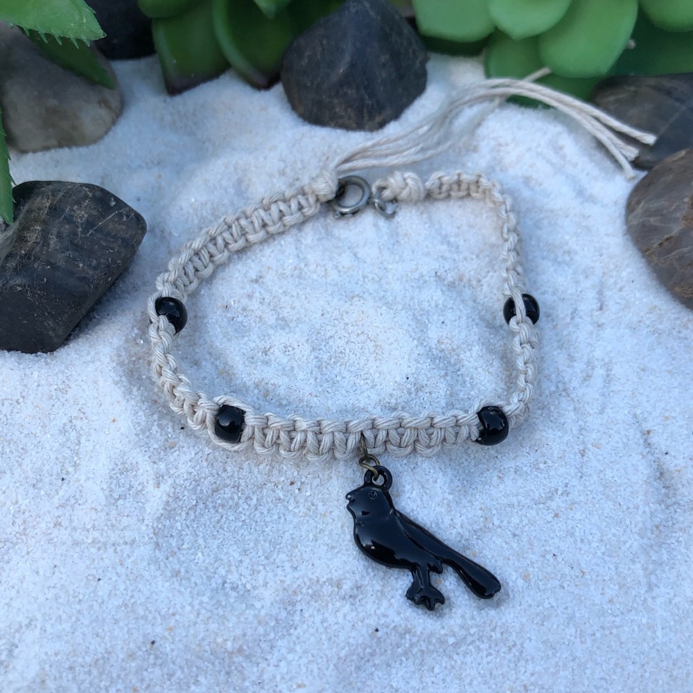 Hemp Macrame Raven Crow Black Bird Bracelet Anklet